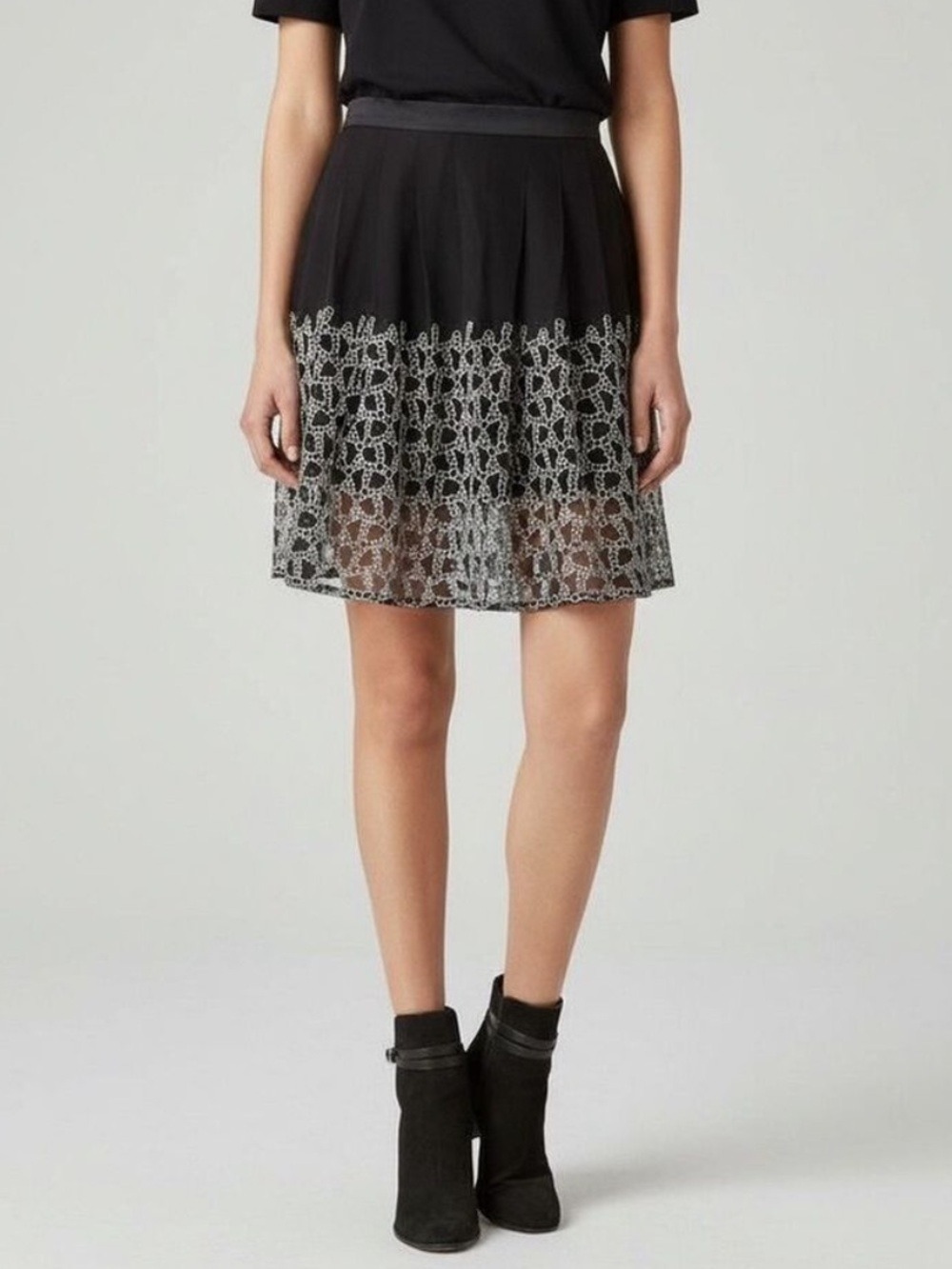 AllSaints Sidney Pleated Embroidered Mesh Skirt Black White US 8 A-Line